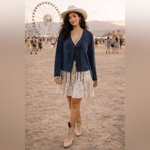 Vintage Bianca Nygard Blue Suede Leather Fringe Jacket Size 16 Western Boho Chic